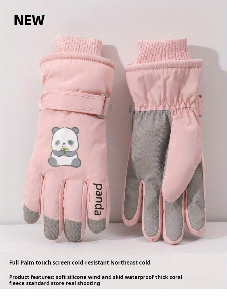 1 Pair Women'S Winter Ski Gloves, Cute Panda Design, Touchscreen Compatible, Polyester Thermal Lining, Velvet Palm, Magic Tape Closure, Hand Washable, Weather-Resistant